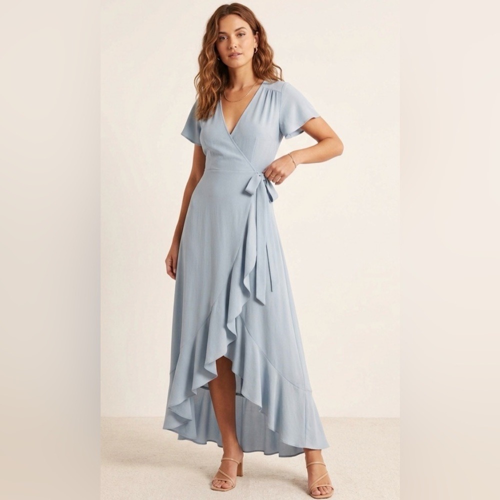 Altard State Light Blue Ruffle High-Low Maxi Dress Flutter Sleeve HA18776-AS21 S
